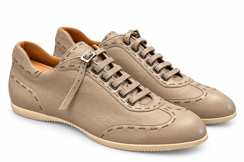 Fendi Mens Sneakers UK 8 US 9 Taupe Leather Whipstitch Wingtip Buckle